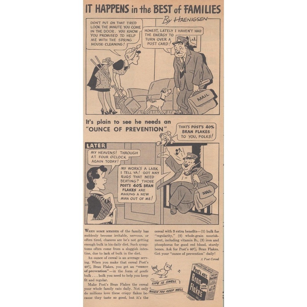 1945 Post Vintage Print Ad 40 Percent Bran Flakes Comic Strip Breakfast Cereal